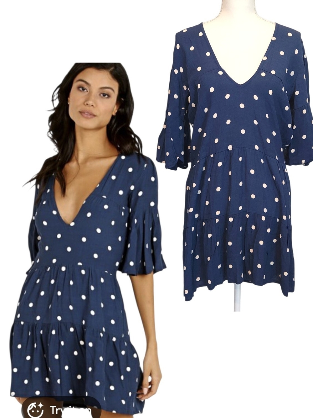 NWT Faithfull The Brand Fresa Ronja Polka Dot Blue Babydoll Tiered Mini Dress M